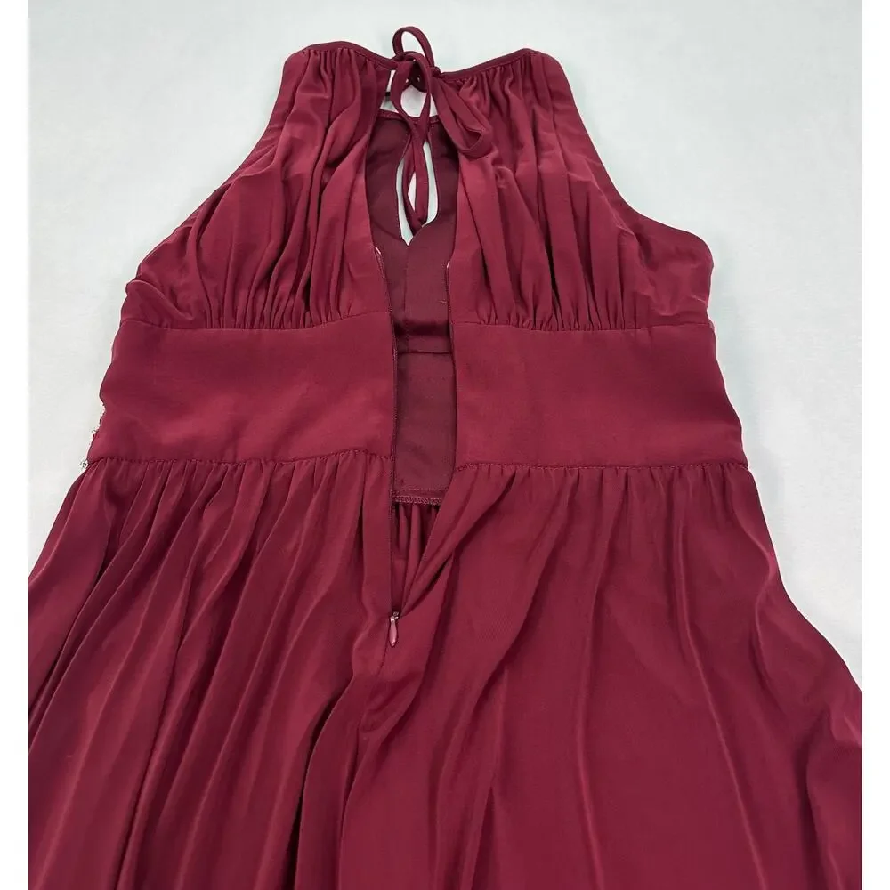 R&M Richards Wine Beaded Halter Evening Gown Keyhole Neck Maxi Dress Size 8 - Picture 10 of 15